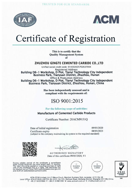 China Zhuzhou Gingte Cemented Carbide Co.,LTD certification